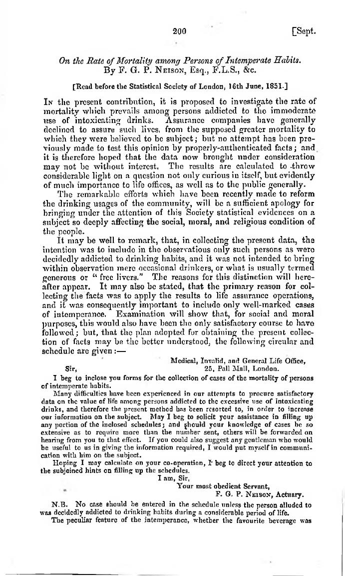 Cover of On the Rate of Mortality among Persons of Intemperate Habits, 1851