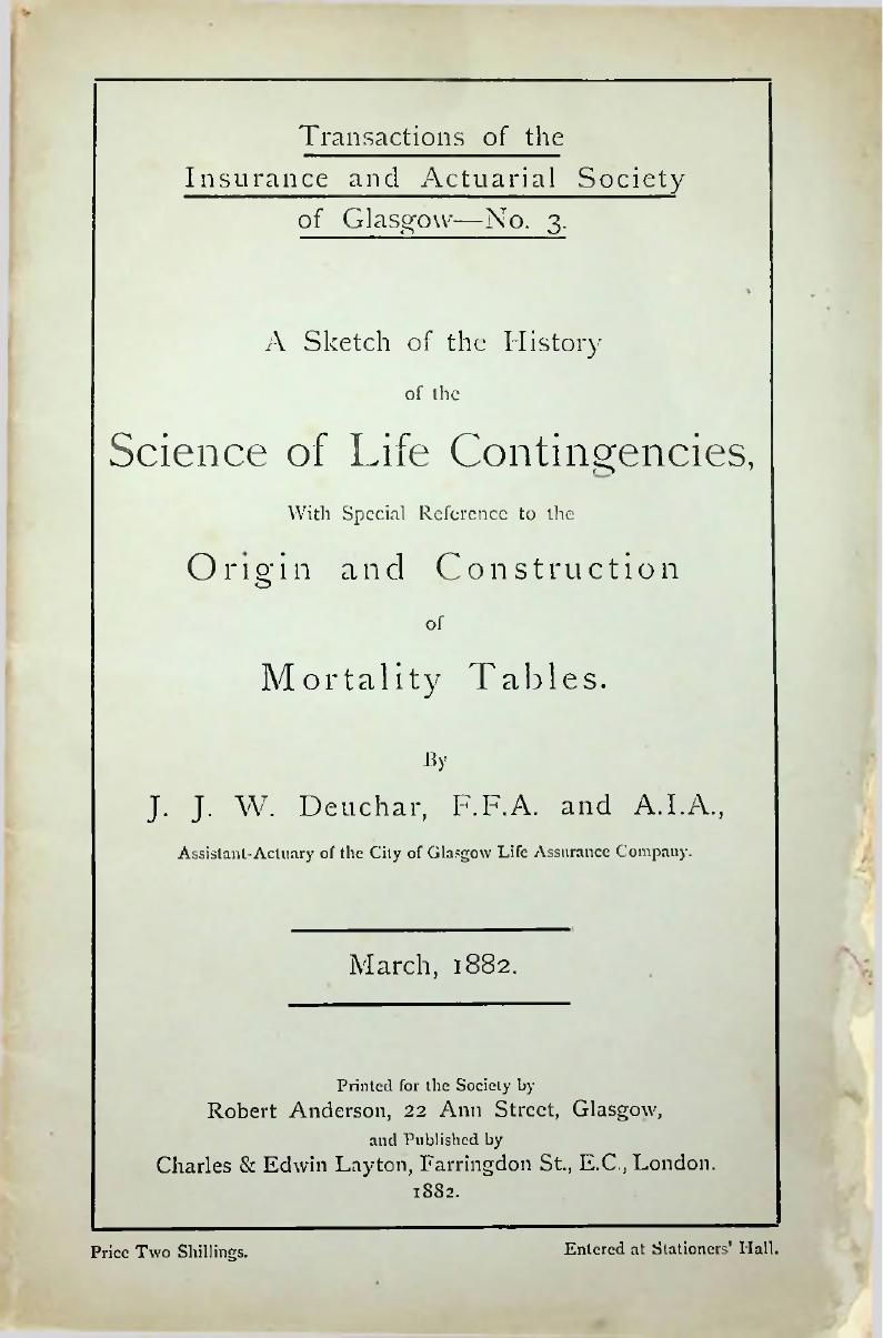 Cover of A Sketch of the History of the Science of Life Contingencies with Special Reference to the Origin and Construction of Mortality Tables, 1882